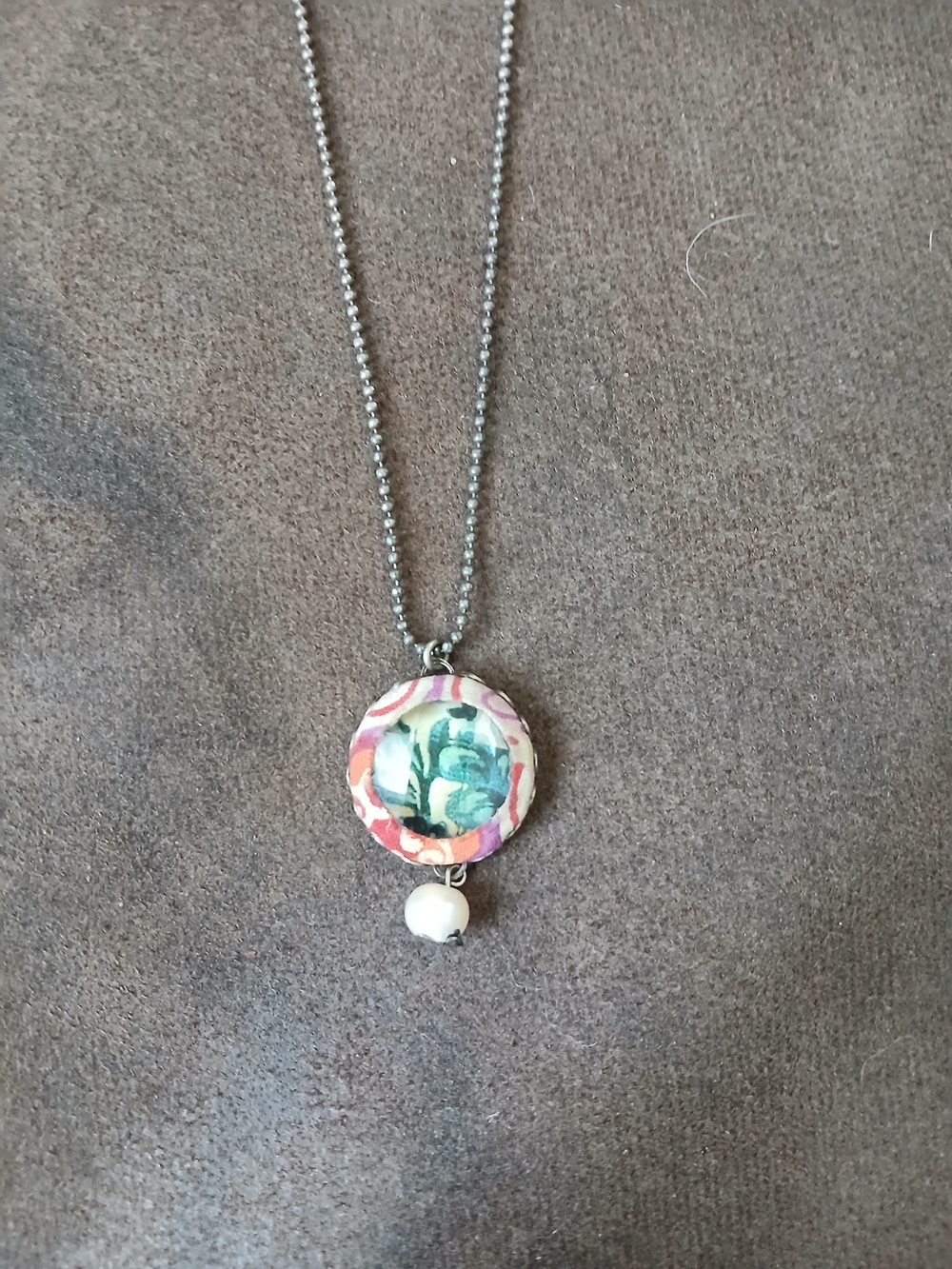 Floral Resin Pendant Necklace with Cream Pearl Drop - Pink, Green & Cream